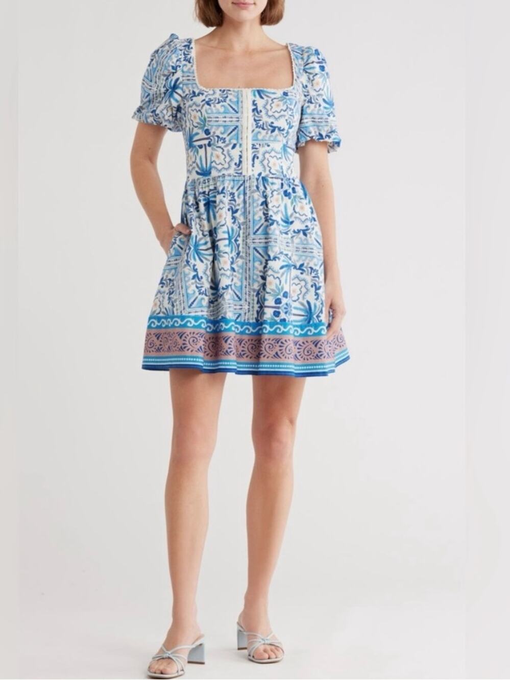 Avec Les Filles Blue Floral Tile Print Puff Sleeve Smocked Dress Size 12 Cotton
